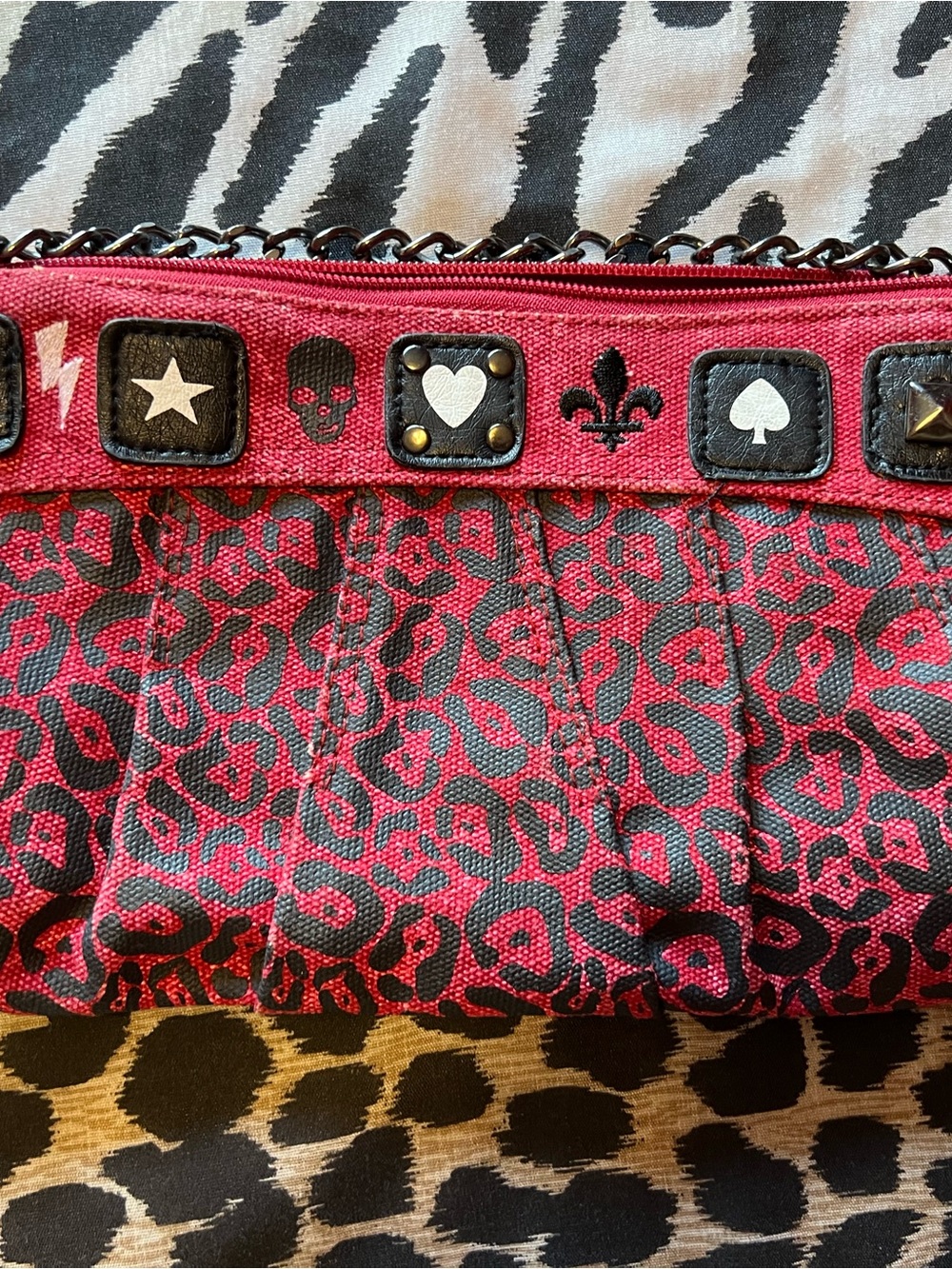 Red denim Leopard Print Studded Women's Clutch